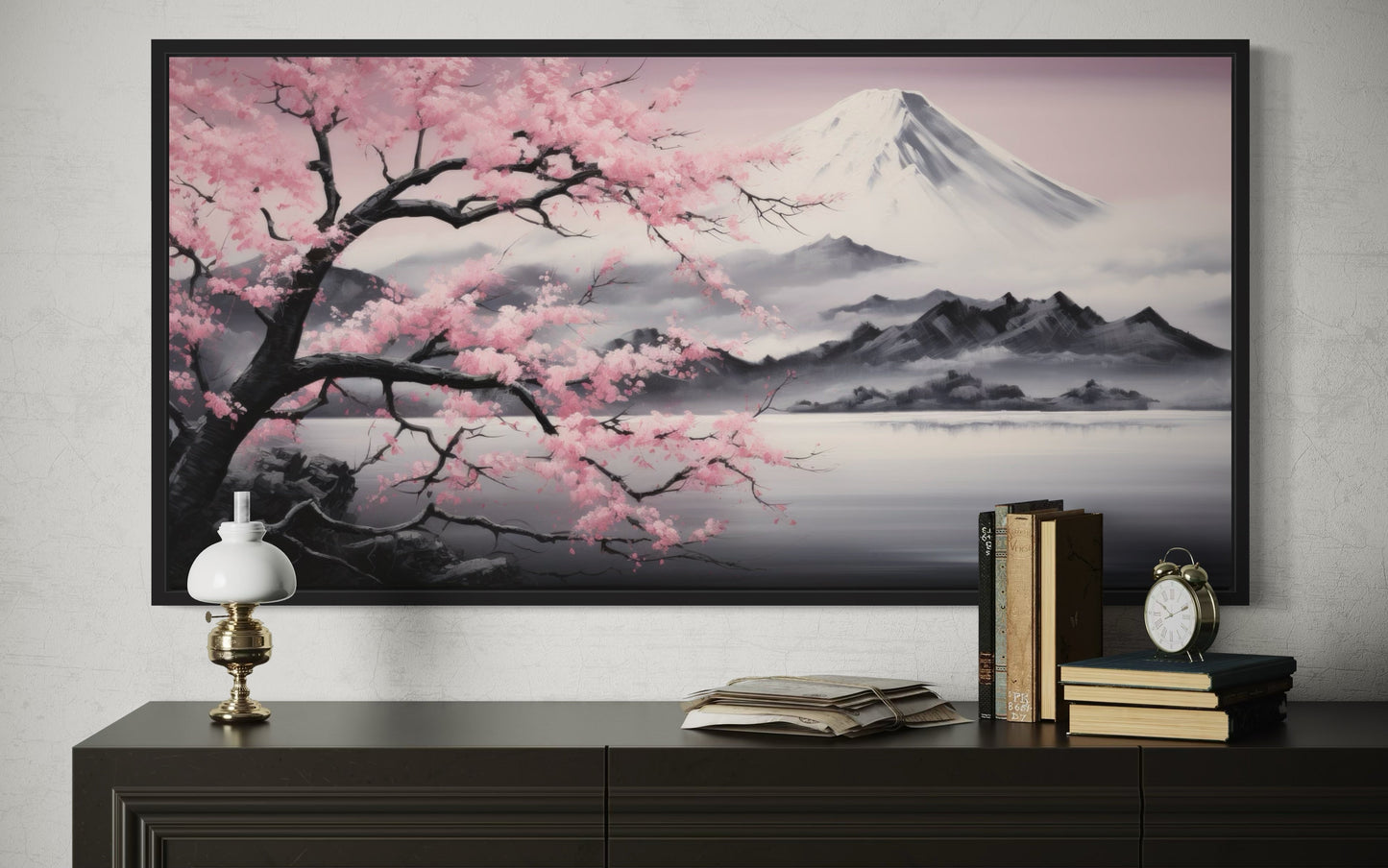 Mount Fuji And Pink Cherry Blossom Landscape Framed Canvas Wall Art