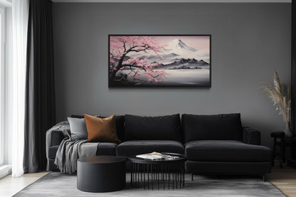 Mount Fuji And Pink Cherry Blossom Landscape Framed Canvas Wall Art