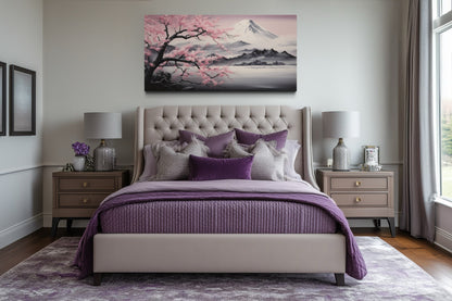 Mount Fuji And Pink Cherry Blossom Landscape Framed Canvas Wall Art