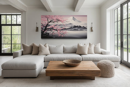 Mount Fuji And Pink Cherry Blossom Landscape Framed Canvas Wall Art