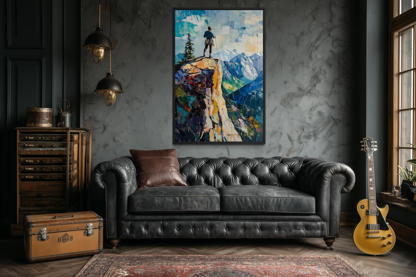 Mountain Adventure Wall Art – Vertical Canvas Print with Hiker on Cliff Landscape