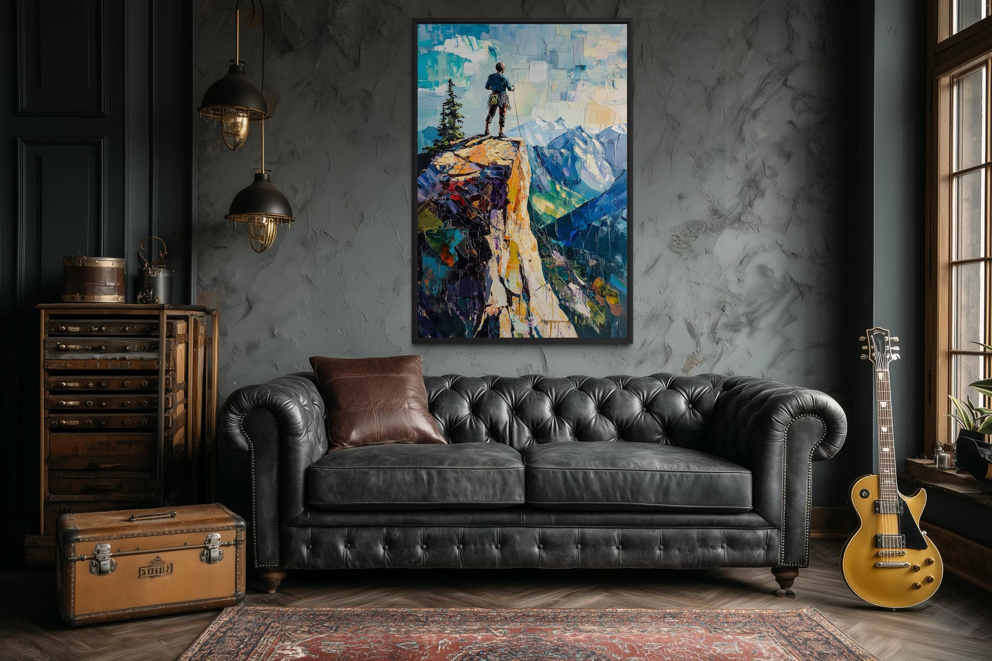 Mountain Adventure Wall Art – Vertical Canvas Print with Hiker on Cliff Landscape