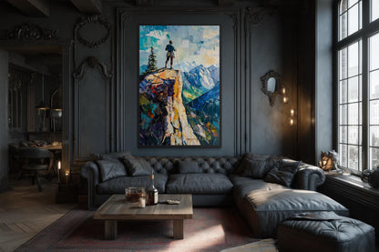 Mountain Adventure Wall Art – Vertical Canvas Print with Hiker on Cliff Landscape