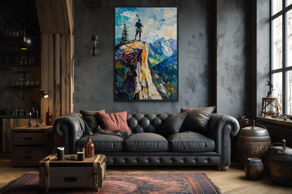 Mountain Adventure Wall Art – Vertical Canvas Print with Hiker on Cliff Landscape