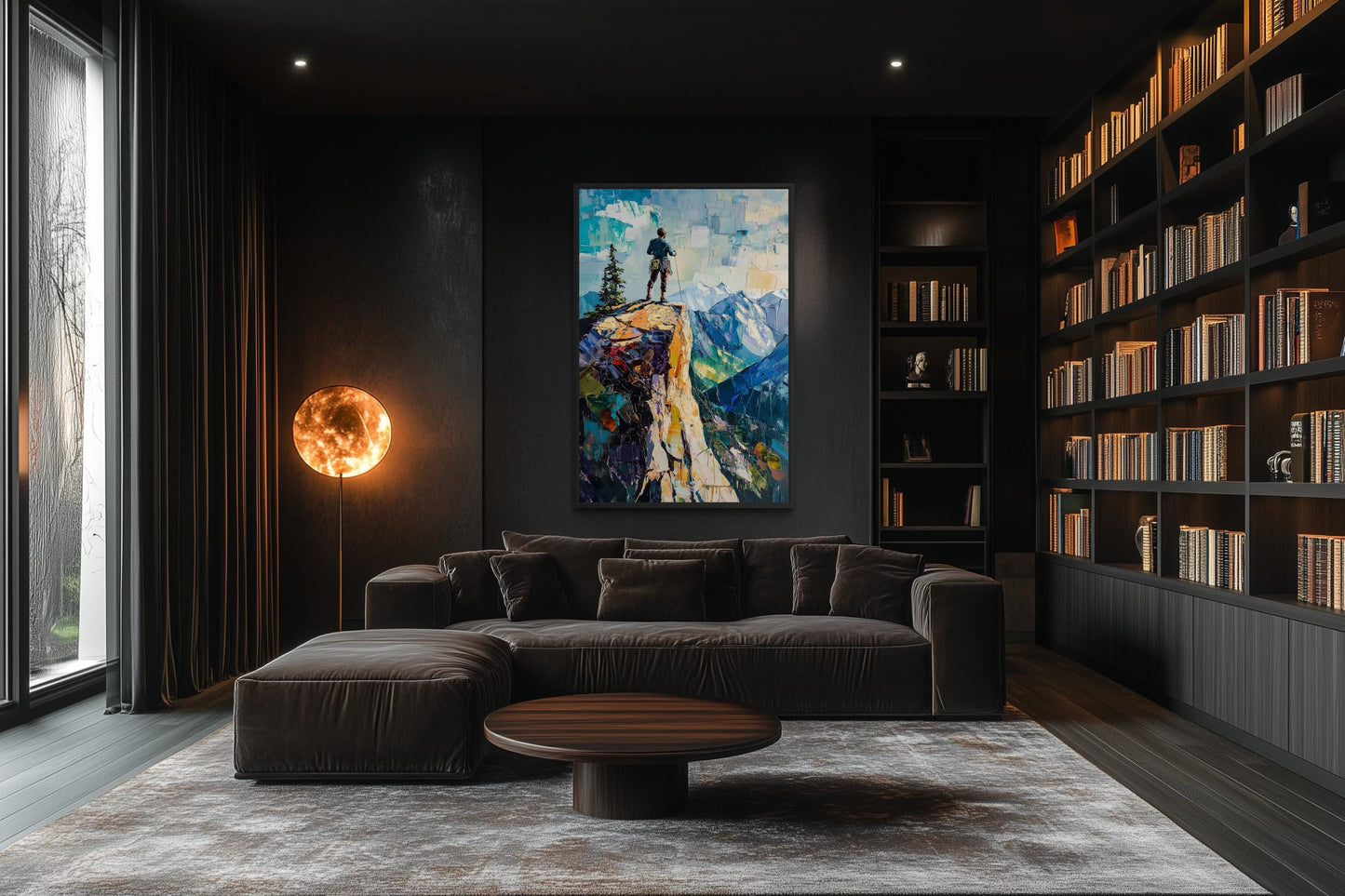 Mountain Adventure Wall Art – Vertical Canvas Print with Hiker on Cliff Landscape
