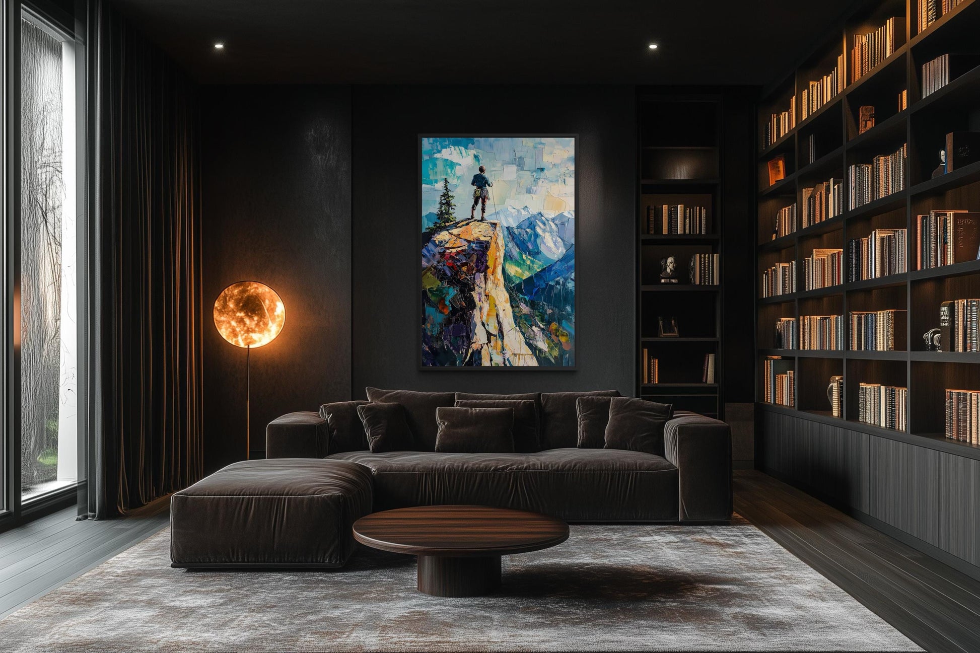 Mountain Adventure Wall Art – Vertical Canvas Print with Hiker on Cliff Landscape