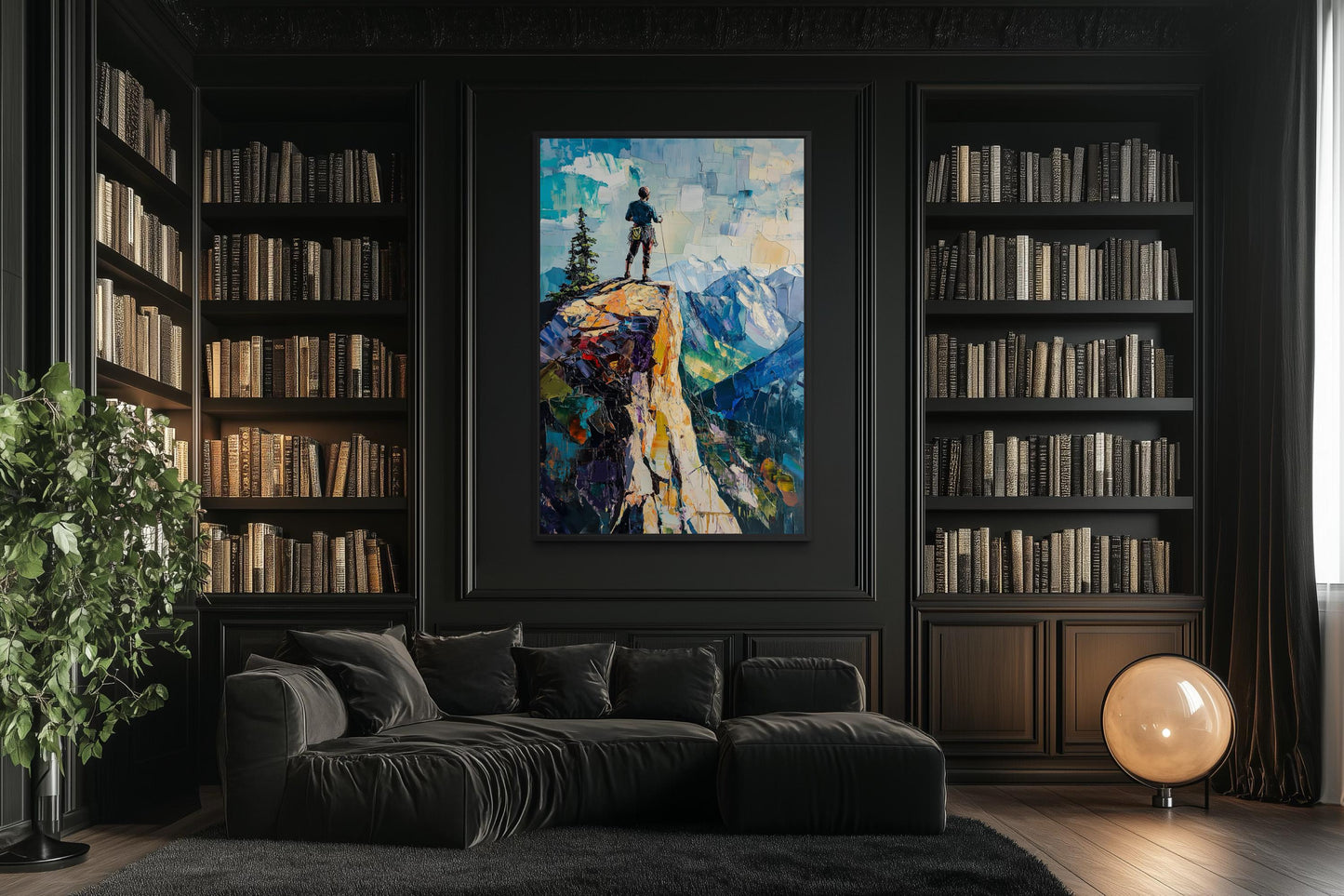 Mountain Adventure Wall Art – Vertical Canvas Print with Hiker on Cliff Landscape