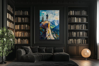 Mountain Adventure Wall Art – Vertical Canvas Print with Hiker on Cliff Landscape