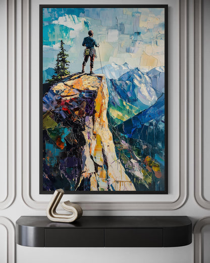 Mountain Adventure Wall Art – Vertical Canvas Print with Hiker on Cliff Landscape