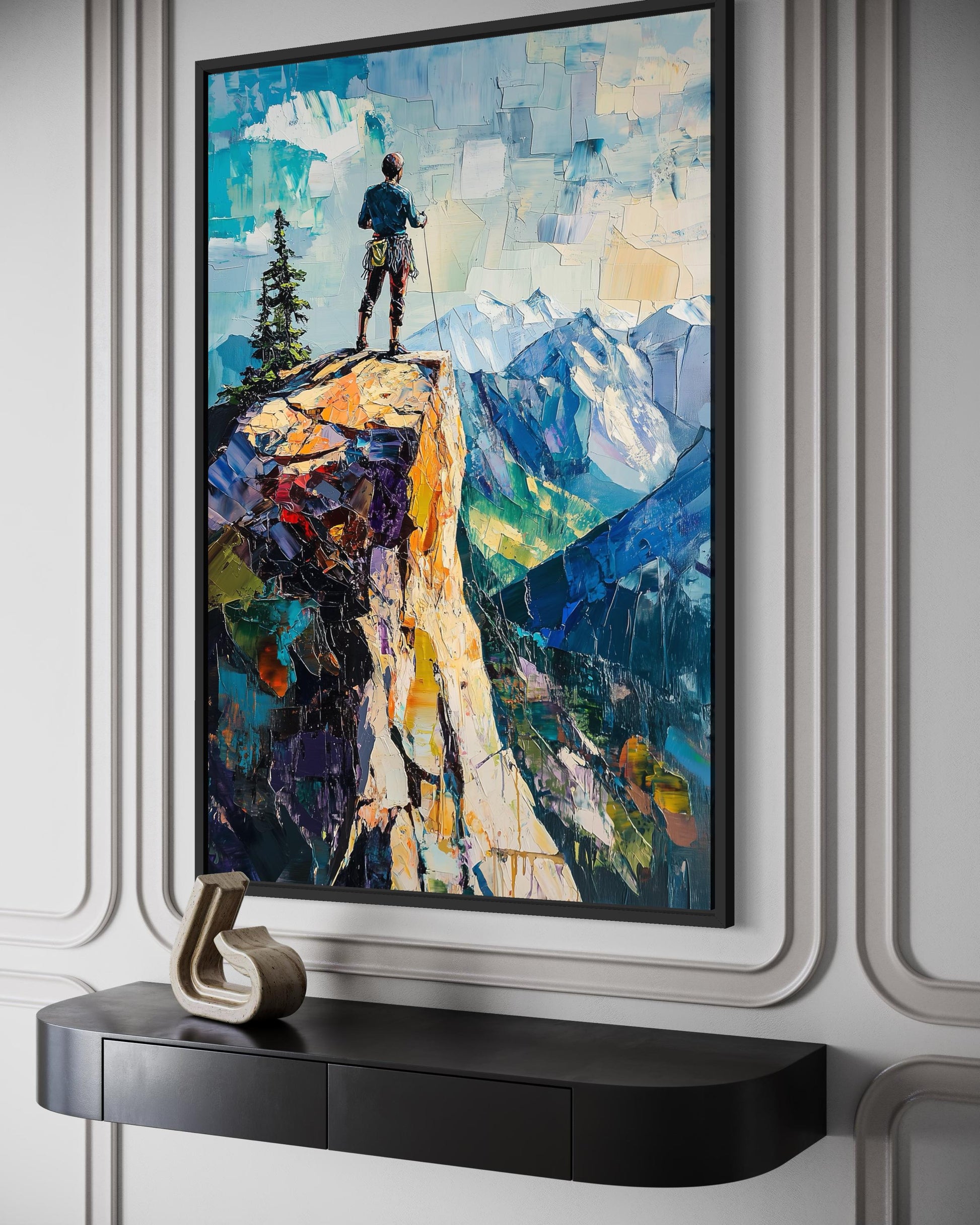 Mountain Adventure Wall Art – Vertical Canvas Print with Hiker on Cliff Landscape