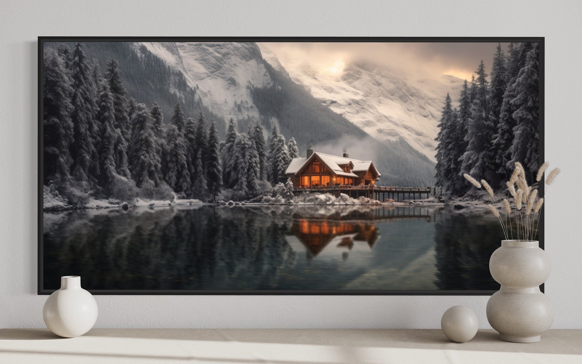Mountain Cabin Wall Art – Cozy Winter Cabin Print | Framed Canvas Decor