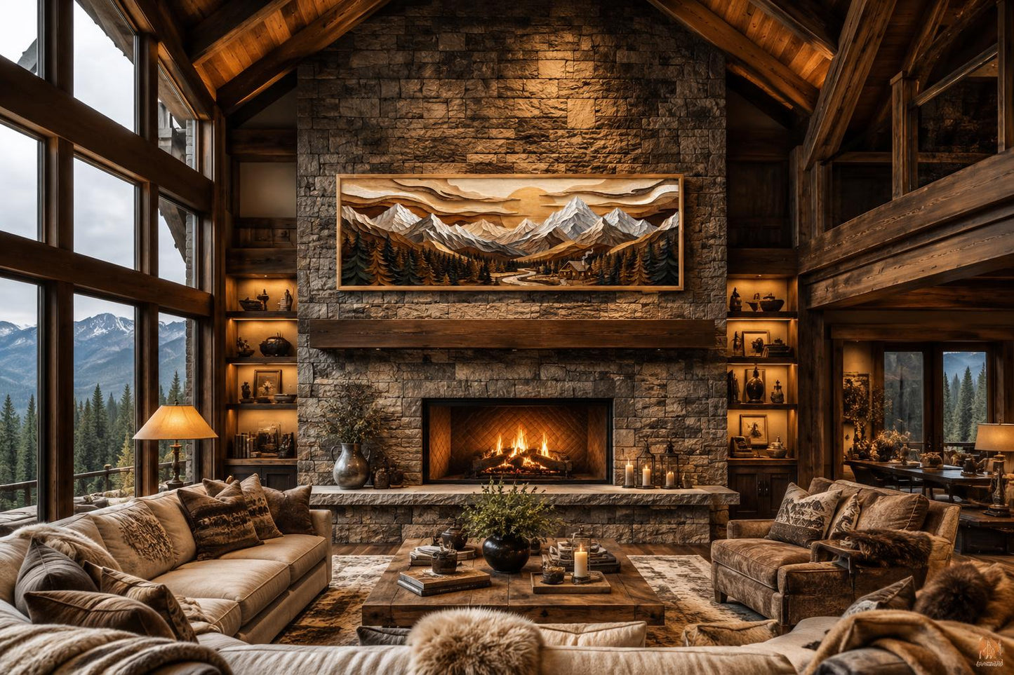 Mountain Cabin Wall Art – Rustic Lodge Above Fireplace Mantel Canvas Print