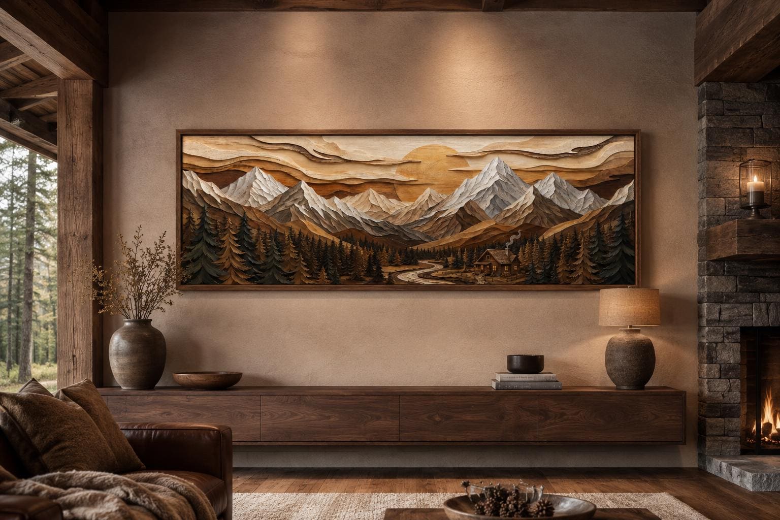 Mountain Cabin Wall Art – Rustic Lodge Above Fireplace Mantel Canvas Print