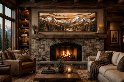 Mountain Cabin Wall Art – Rustic Lodge Above Fireplace Mantel Canvas Print