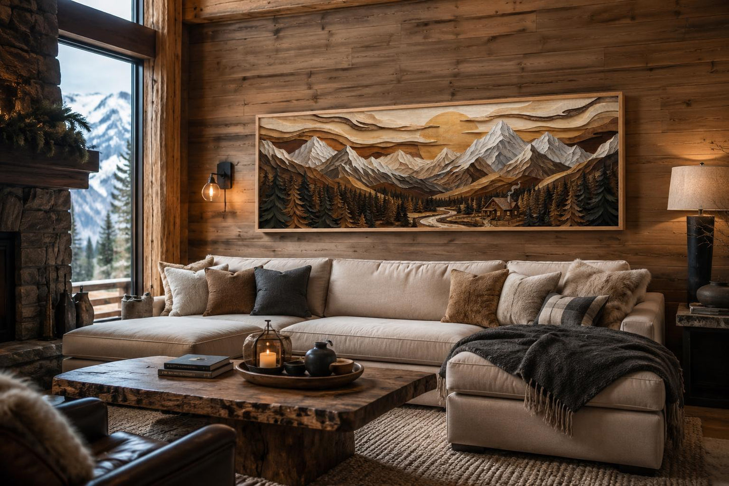 Mountain Cabin Wall Art – Rustic Lodge Above Fireplace Mantel Canvas Print