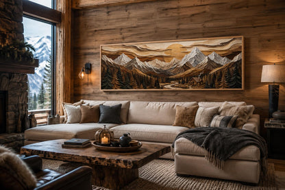 Mountain Cabin Wall Art – Rustic Lodge Above Fireplace Mantel Canvas Print