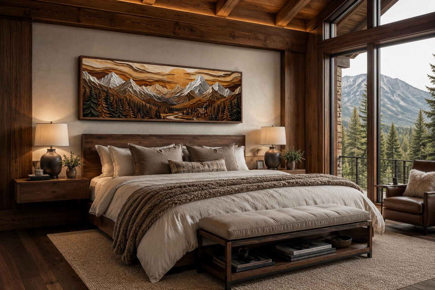 Mountain Cabin Wall Art – Rustic Lodge Above Fireplace Mantel Canvas Print