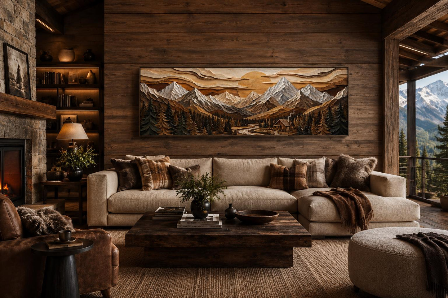 Mountain Cabin Wall Art – Rustic Lodge Above Fireplace Mantel Canvas Print
