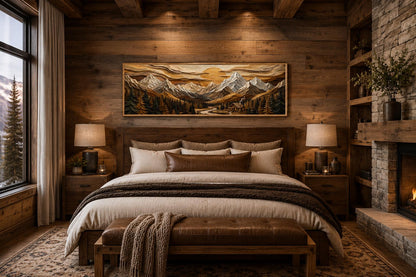 Mountain Cabin Wall Art – Rustic Lodge Above Fireplace Mantel Canvas Print