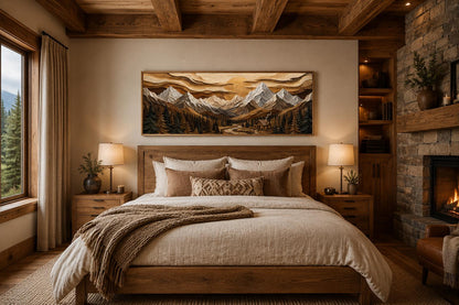 Mountain Cabin Wall Art – Rustic Lodge Above Fireplace Mantel Canvas Print