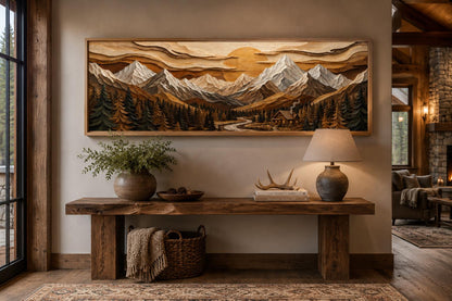 Mountain Cabin Wall Art – Rustic Lodge Above Fireplace Mantel Canvas Print