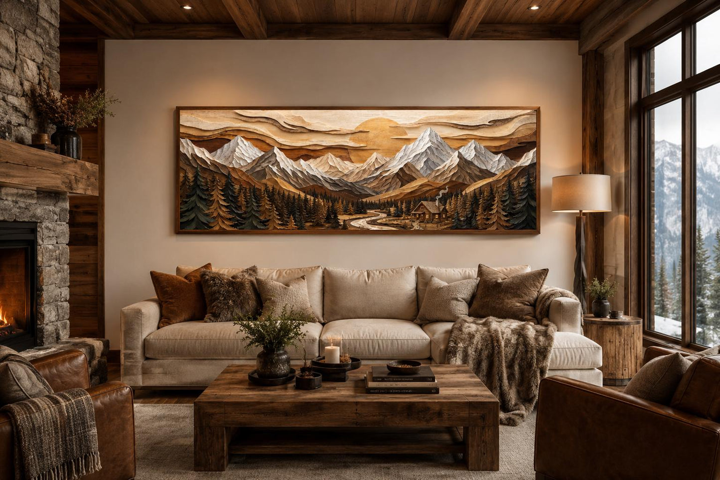 Mountain Cabin Wall Art – Rustic Lodge Above Fireplace Mantel Canvas Print