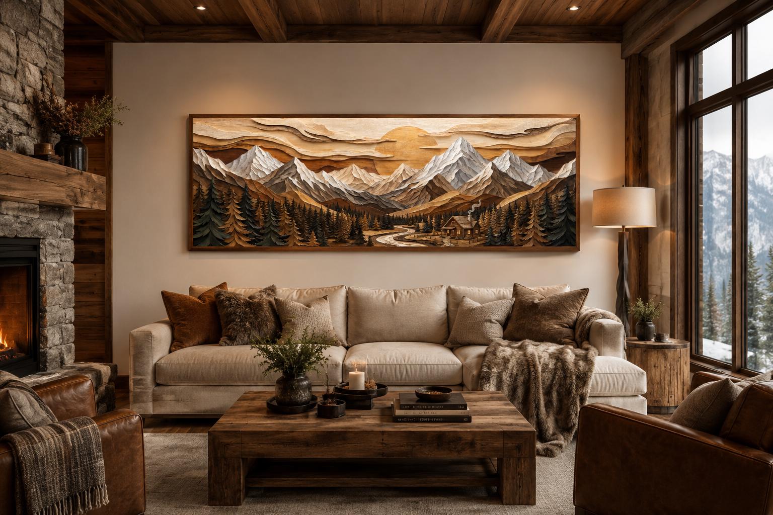 Mountain Cabin Wall Art – Rustic Lodge Above Fireplace Mantel Canvas Print