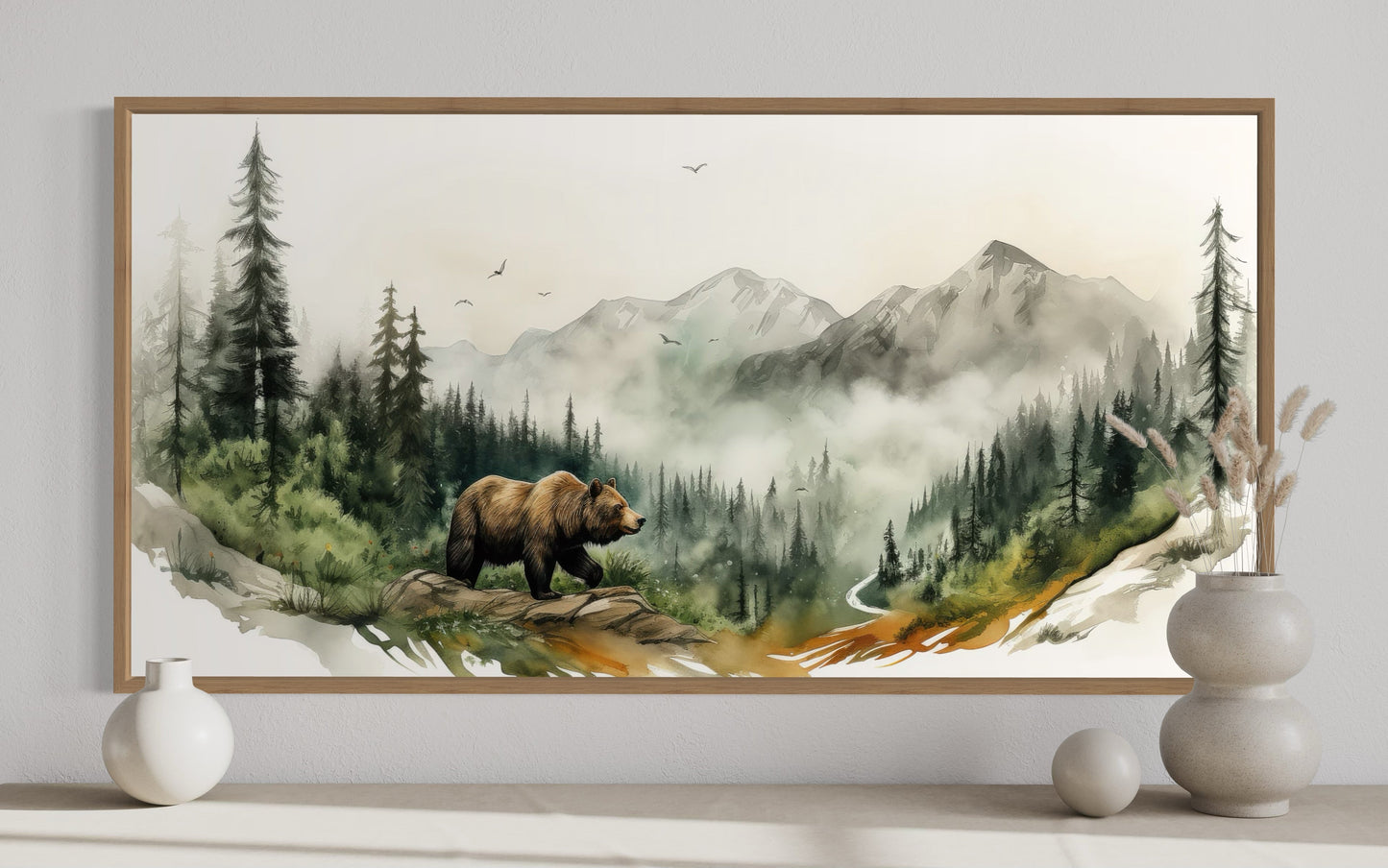Bear In The Forest Mountain Landscape Wall Art, Rustic Cabin Wildlife Decor