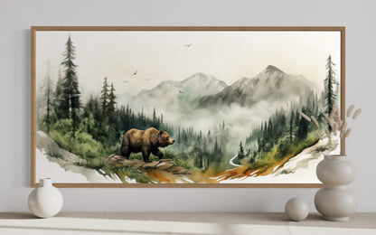 Bear In The Forest Mountain Landscape Wall Art, Rustic Cabin Wildlife Decor