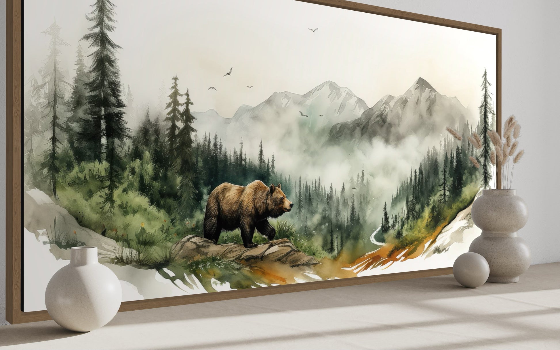 Bear In The Forest Mountain Landscape Wall Art, Rustic Cabin Wildlife Decor