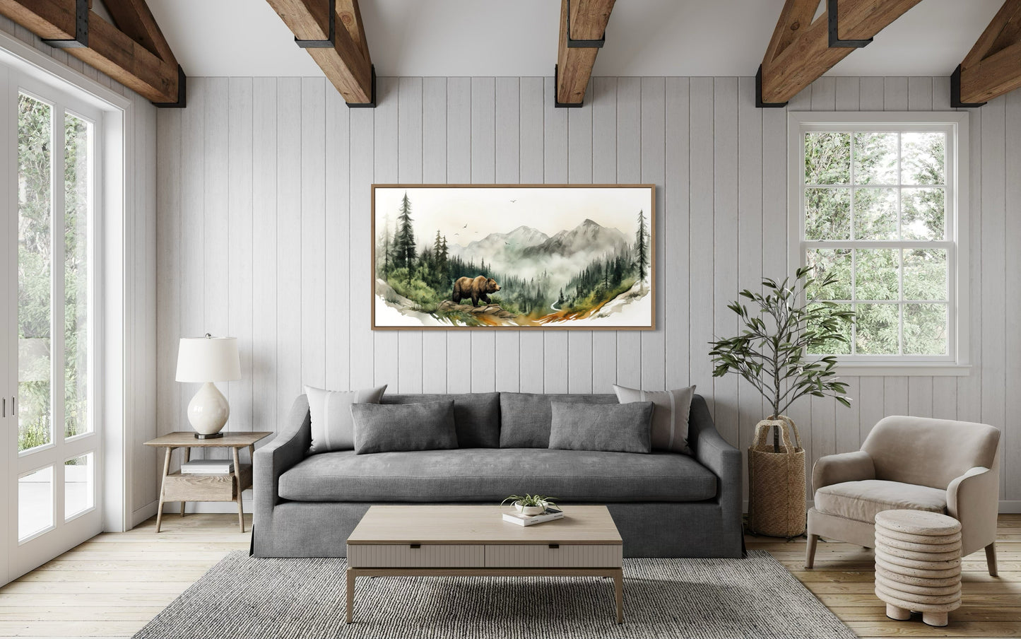 Bear In The Forest Mountain Landscape Wall Art, Rustic Cabin Wildlife Decor