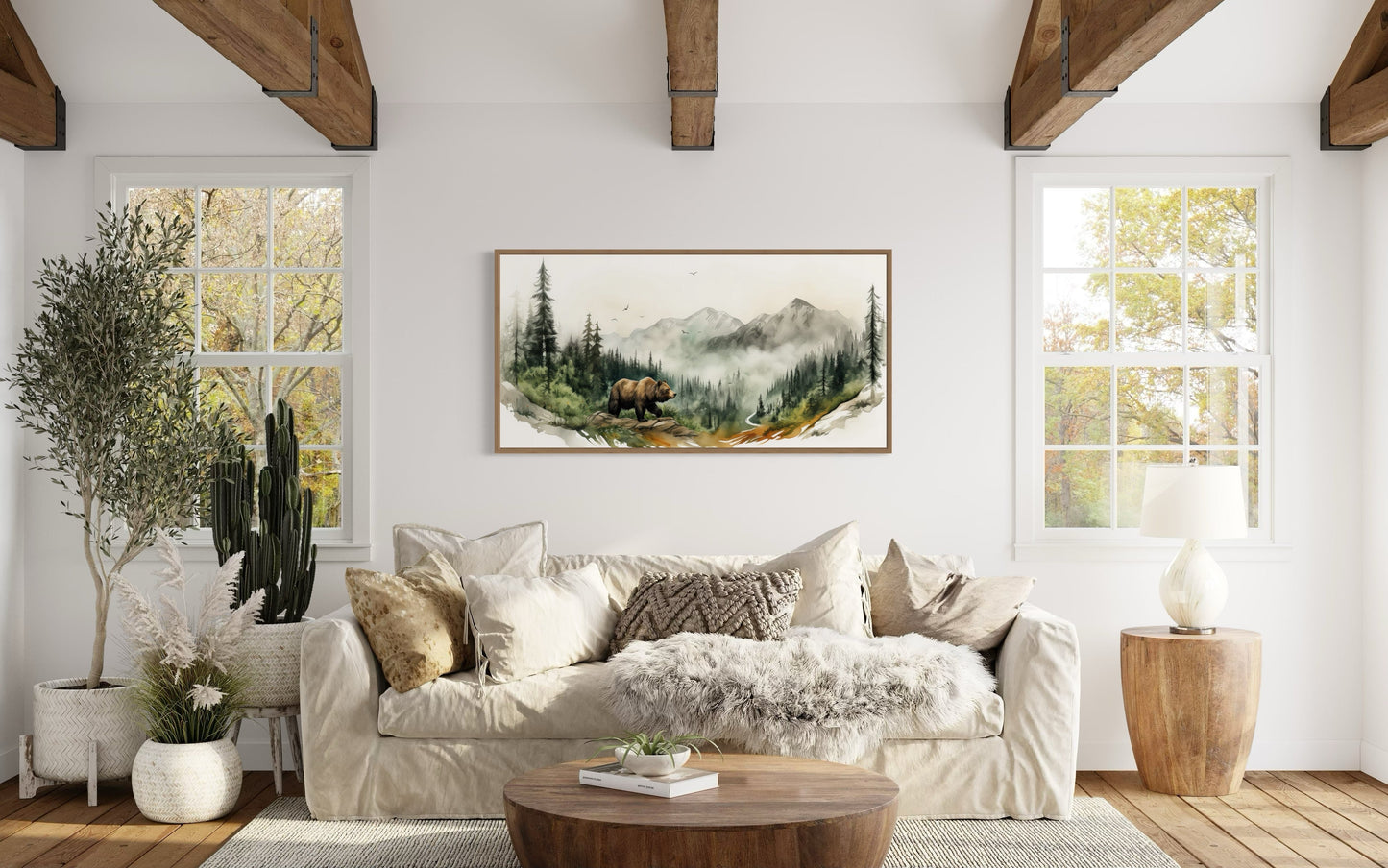 Bear In The Forest Mountain Landscape Wall Art, Rustic Cabin Wildlife Decor