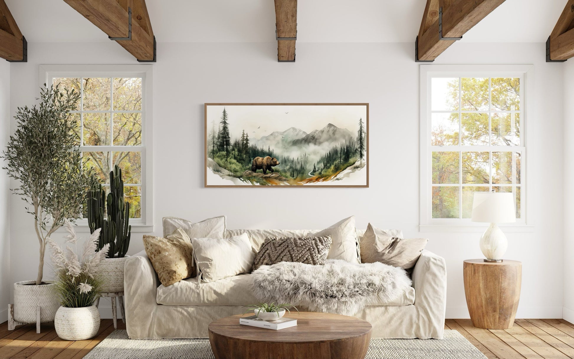 Bear In The Forest Mountain Landscape Wall Art, Rustic Cabin Wildlife Decor