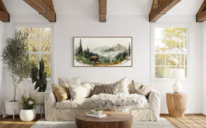 Bear In The Forest Mountain Landscape Wall Art, Rustic Cabin Wildlife Decor