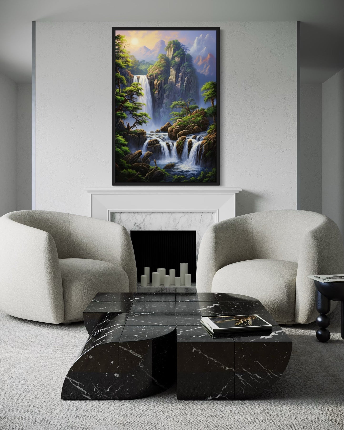 Mountain Forest Waterfall Landscape Framed Canvas Wall Art