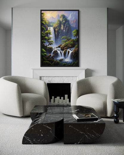 Mountain Forest Waterfall Landscape Framed Canvas Wall Art