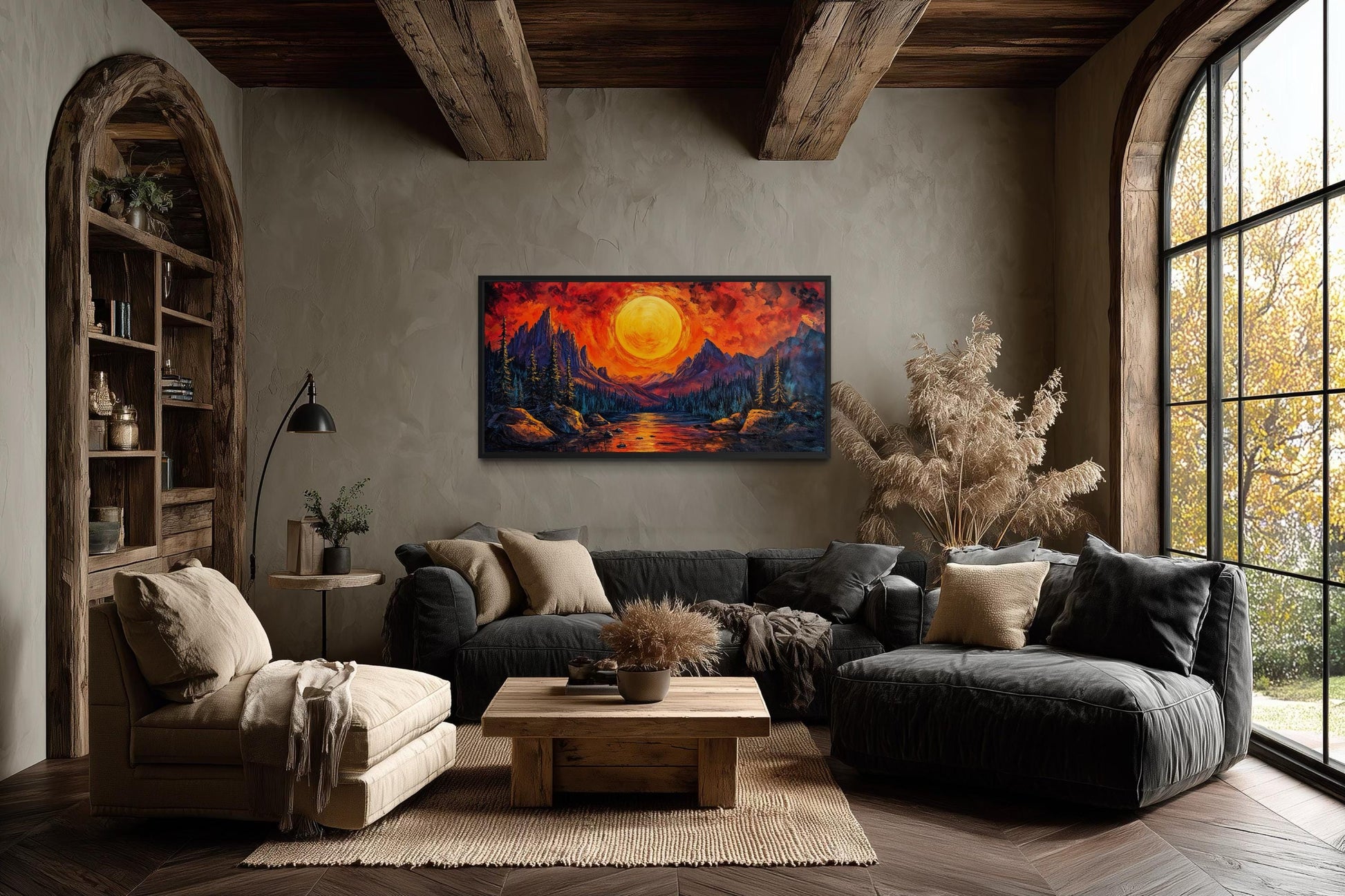 Mountain Lake Fiery Sunset Canvas Wall Art