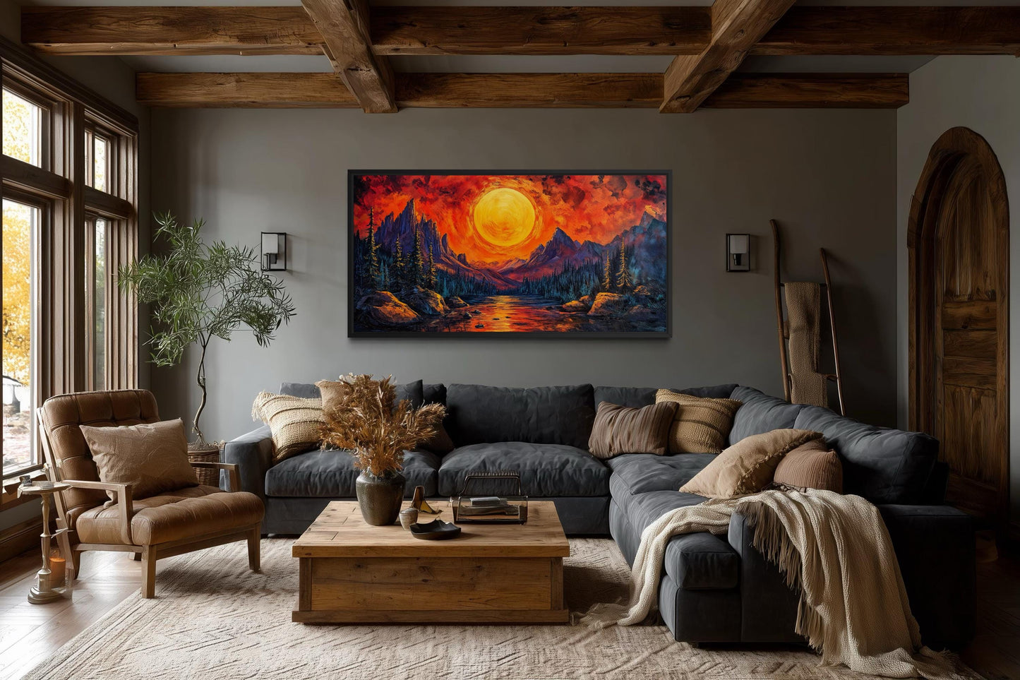 Mountain Lake Fiery Sunset Canvas Wall Art