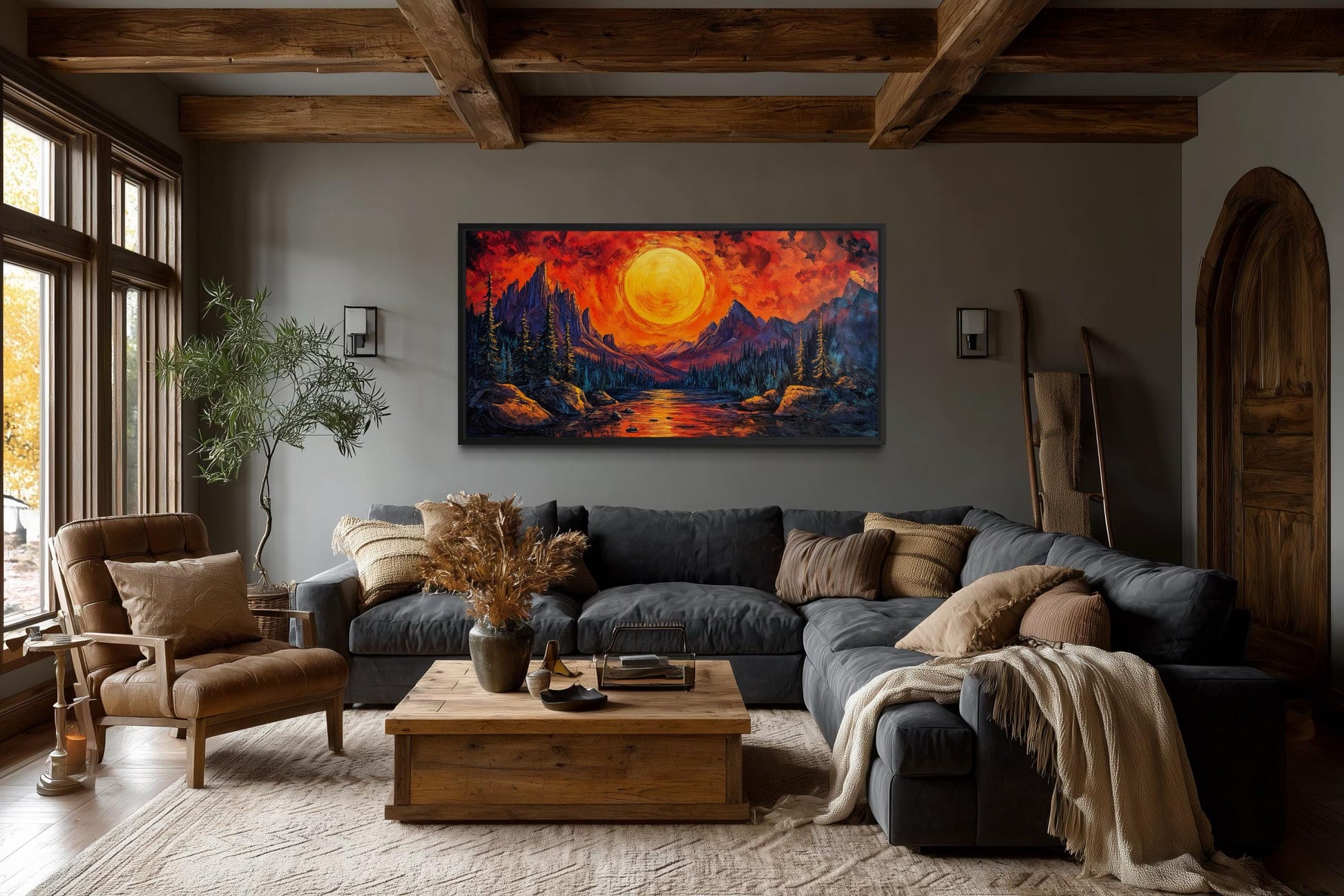 Mountain Lake Fiery Sunset Canvas Wall Art
