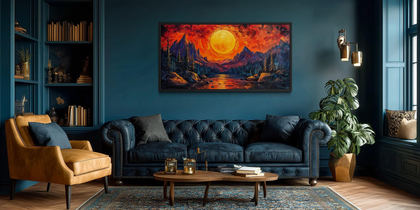 Mountain Lake Fiery Sunset Canvas Wall Art