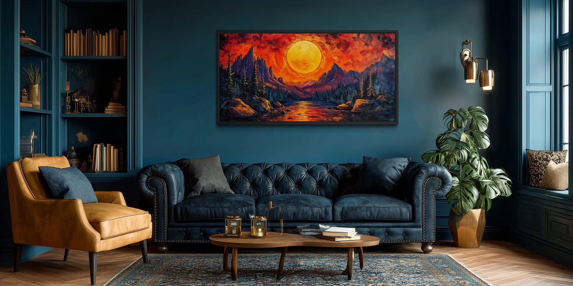 Mountain Lake Fiery Sunset Canvas Wall Art