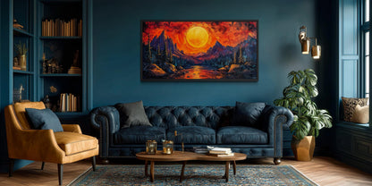 Mountain Lake Fiery Sunset Canvas Wall Art