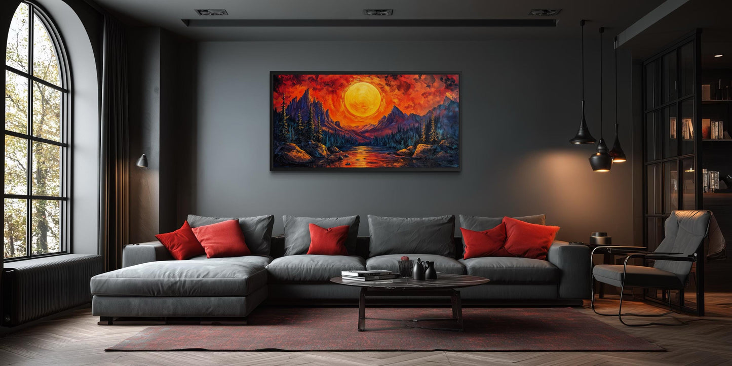 Mountain Lake Fiery Sunset Canvas Wall Art