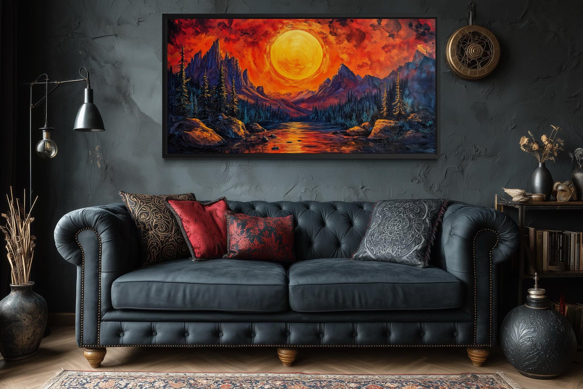 Mountain Lake Fiery Sunset Canvas Wall Art