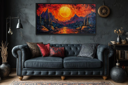 Mountain Lake Fiery Sunset Canvas Wall Art