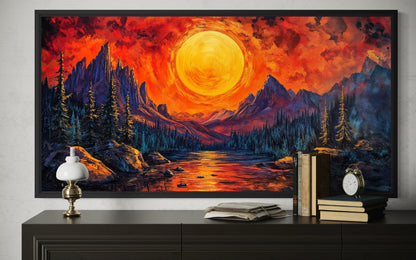 Mountain Lake Fiery Sunset Canvas Wall Art