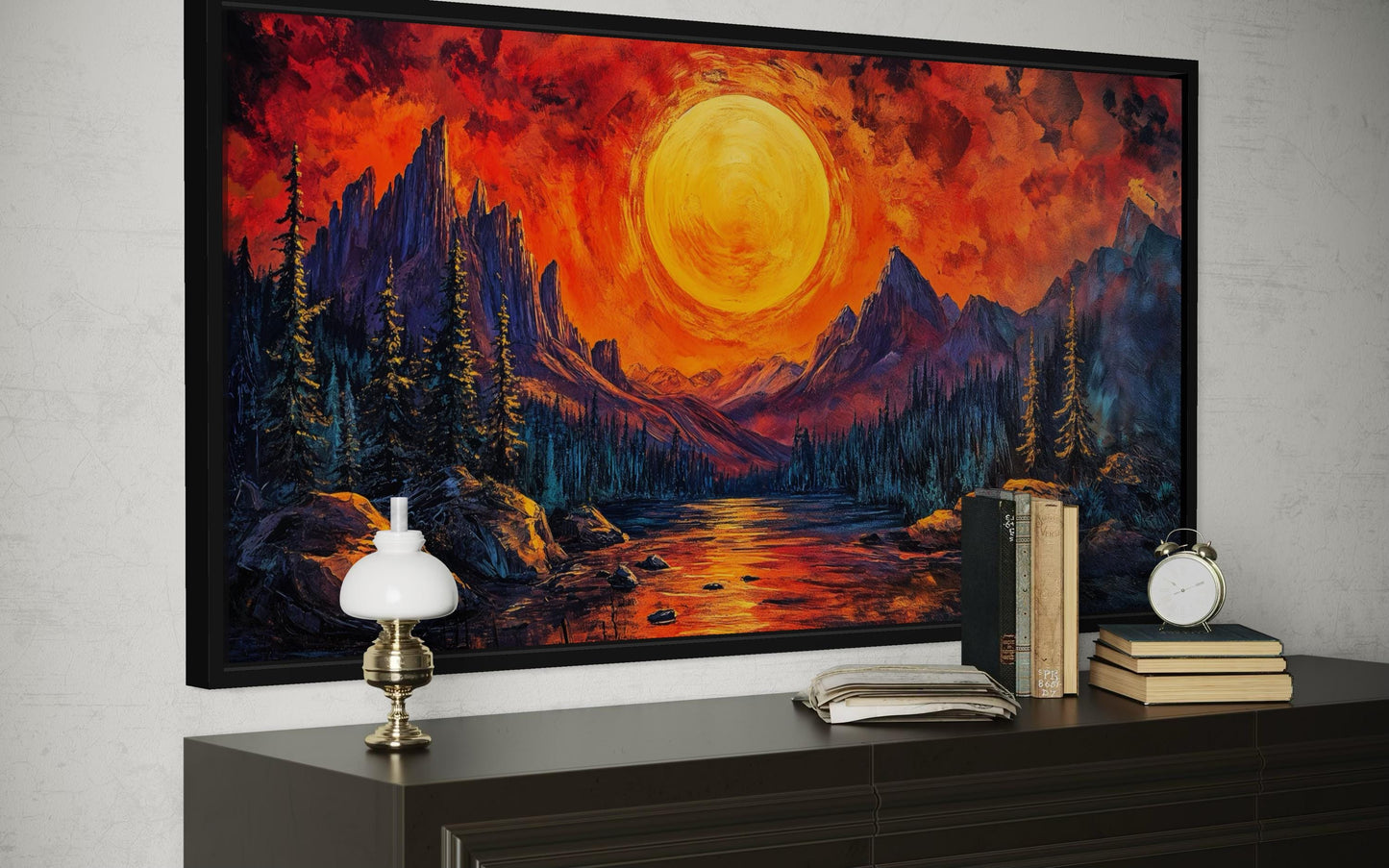 Mountain Lake Fiery Sunset Canvas Wall Art