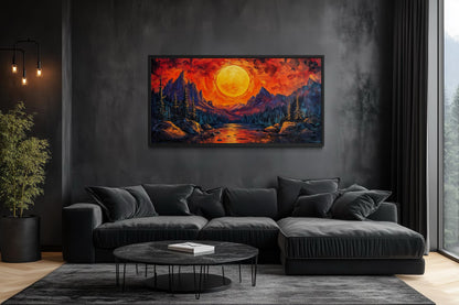 Mountain Lake Fiery Sunset Canvas Wall Art