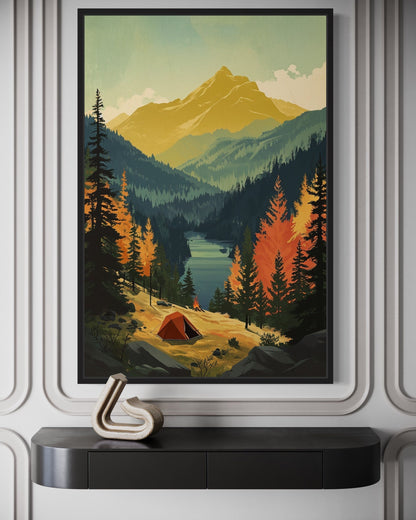 Mountain Lake Landscape Camping Tent Framed Canvas Wall Art