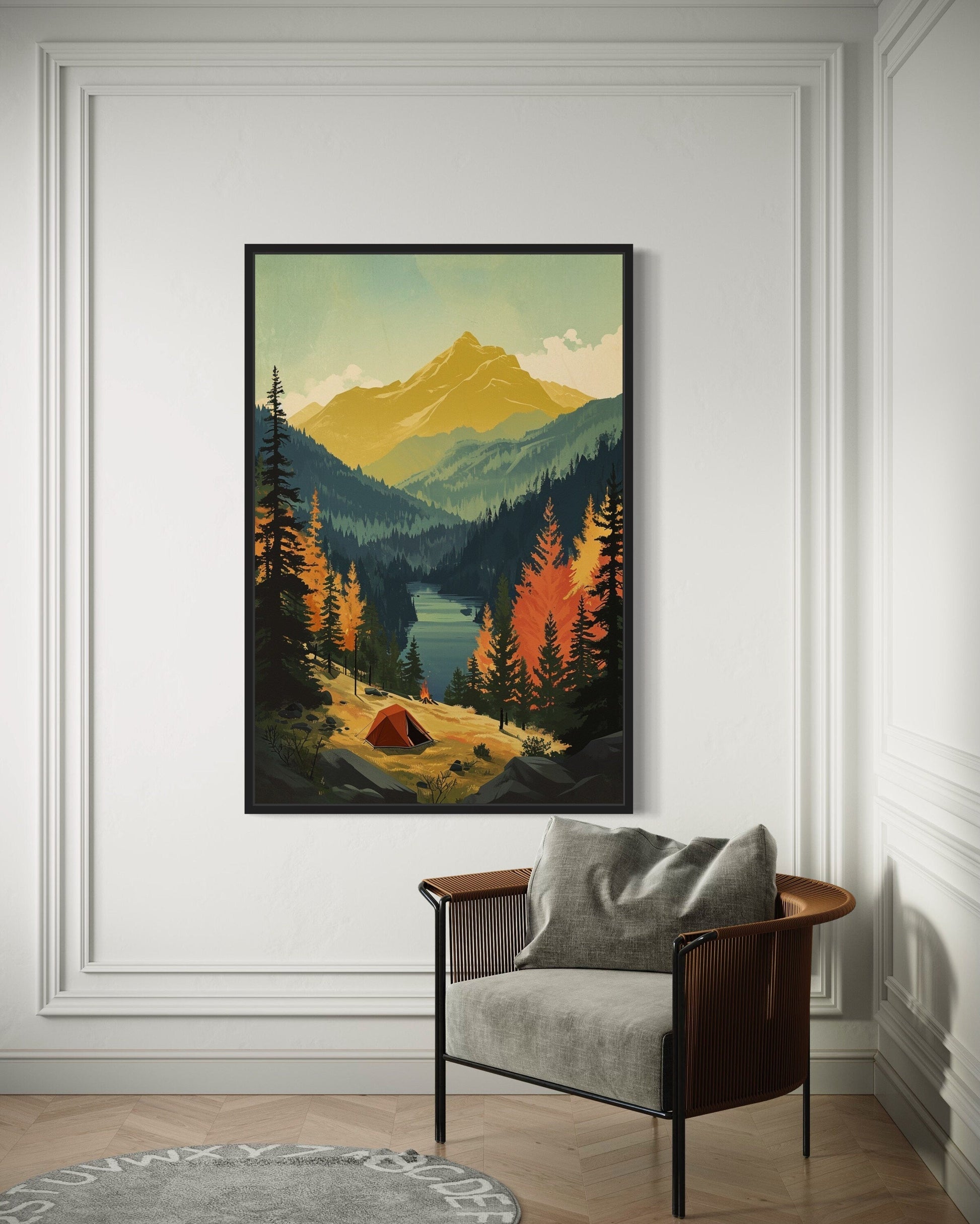 Mountain Lake Landscape Camping Tent Framed Canvas Wall Art